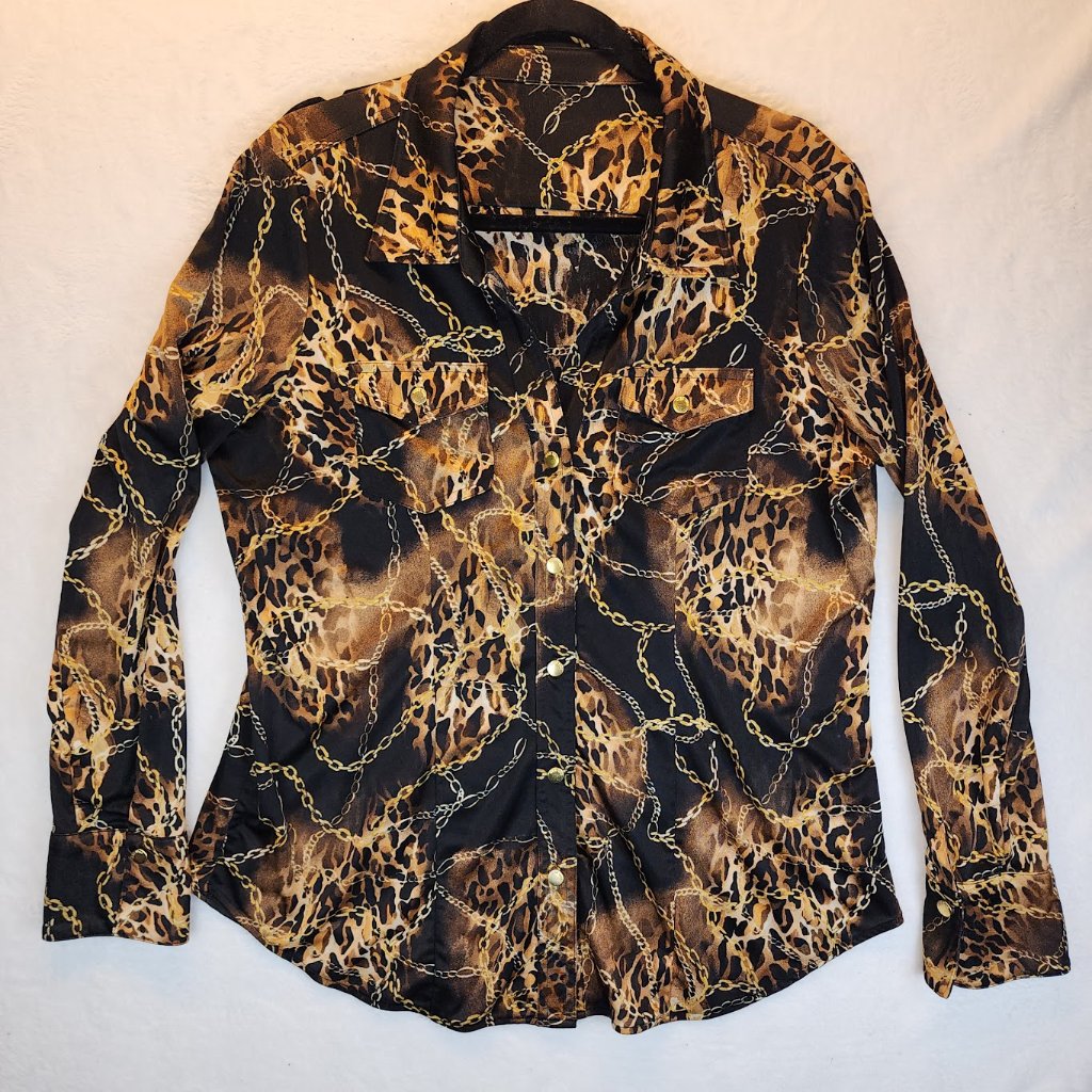 Miss Tina Safari Button Down Top Wm Sz Xl Gold Chains Snap Buttons